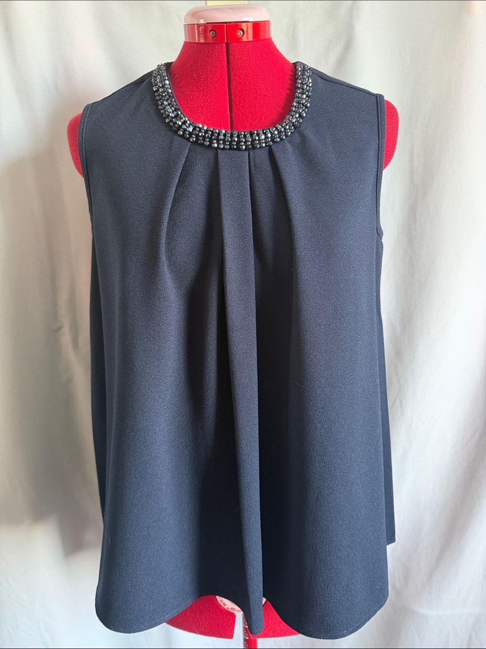 Embellished Neck Navy Sleeveless Blouse